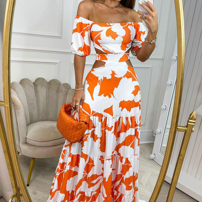 Women Casual Vacation Floral Printed Off-Shoulder High Waist Hollow Ruffled Dress