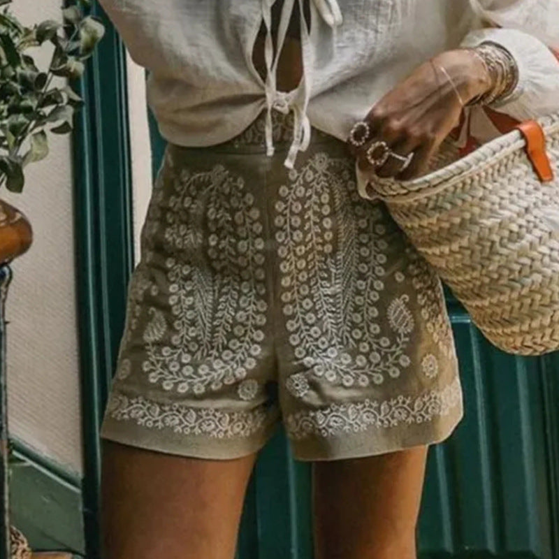 Women Fashion High Waist Embroidered Solid Color Casual Shorts