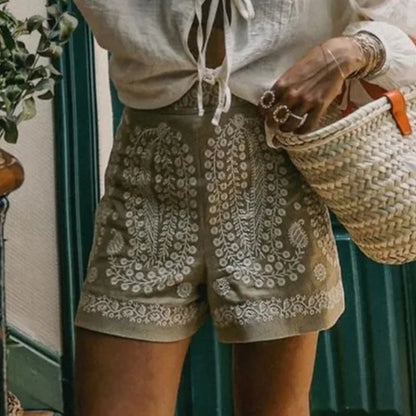 Women Fashion High Waist Embroidered Solid Color Casual Shorts