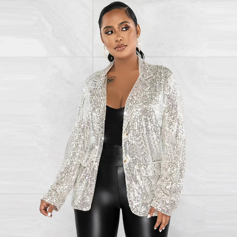 Blazer informal de manga larga con lentejuelas para mujer