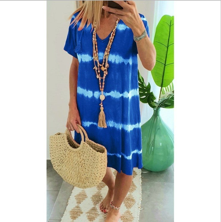 Women Fashion Casual Tie-Dye Print Short-Sleeved Loose Dress