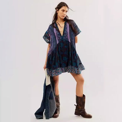 Women Fashion Casual Boho Multicolor Printed Stripe Short Sleeve V-Neck Dress