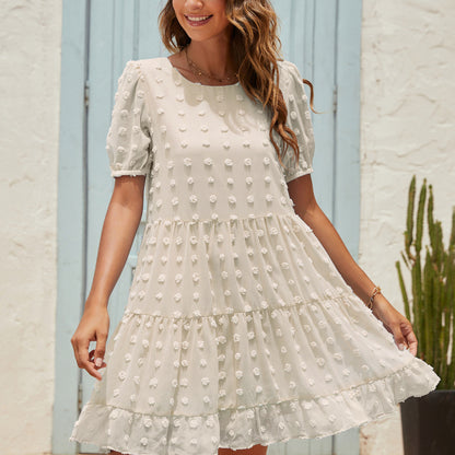 Vestido liso holgado de jacquard con mangas abullonadas y cuello redondo informal de verano para mujer
