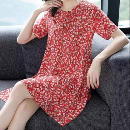 Women Fashion Casual Tiny Flower Printing Short Sleeve Plus Size Dress
