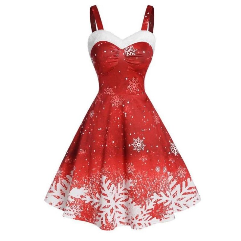 Women Fashion Casual Christmas Snowflake Print Wide Strap Swing Dress