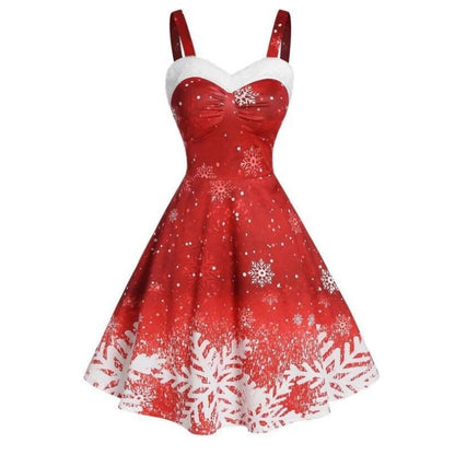Women Fashion Casual Christmas Snowflake Print Wide Strap Swing Dress