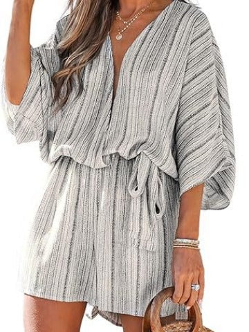 Women Fashion Casual Printed V-Neck Short-Sleeve Lace-Up Rompers