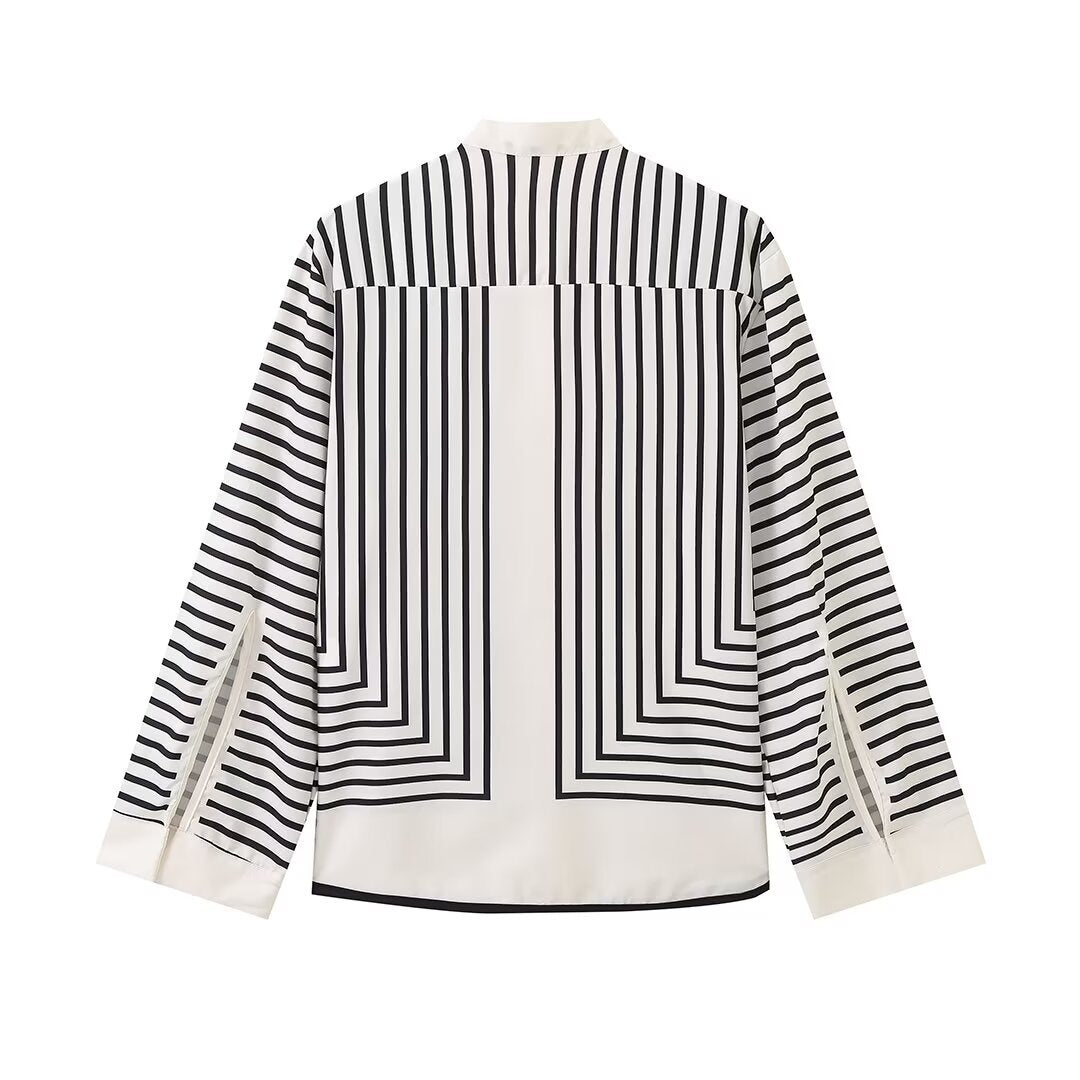 Blusa holgada informal de manga larga con cuello redondo, botones y rayas en contraste de color para mujer