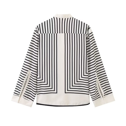 Blusa holgada informal de manga larga con cuello redondo, botones y rayas en contraste de color para mujer