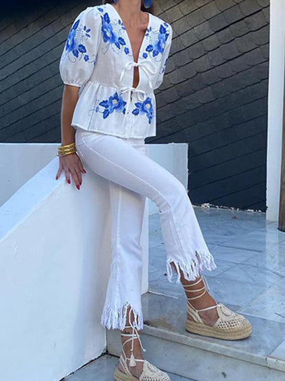 Camisa con cordones y estampado floral informal de moda de verano para mujer