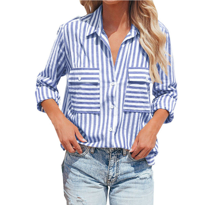 Women Casual Cotton Stripe Single-Breasted Long-Sleeved Shirt Blouse