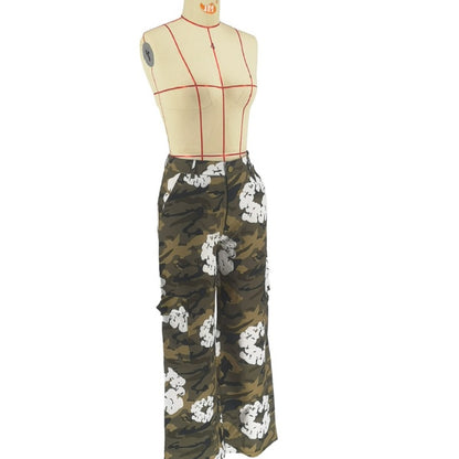Women Fashion Street Casual Camouflage Printed Cargo Straight Pants