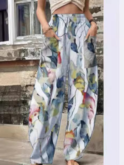 Women Casual Printed Pocket Loose Pants