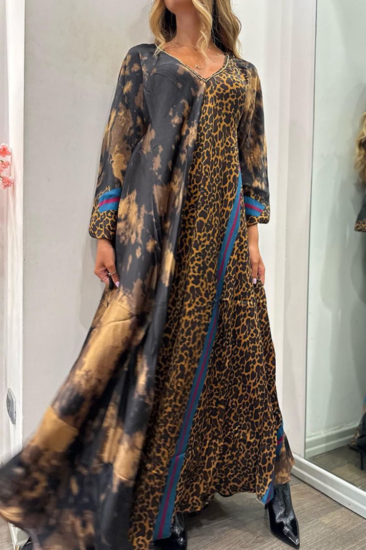 Women Casual Loose V-Neck Leopard Print Long Sleeve Maxi Dress