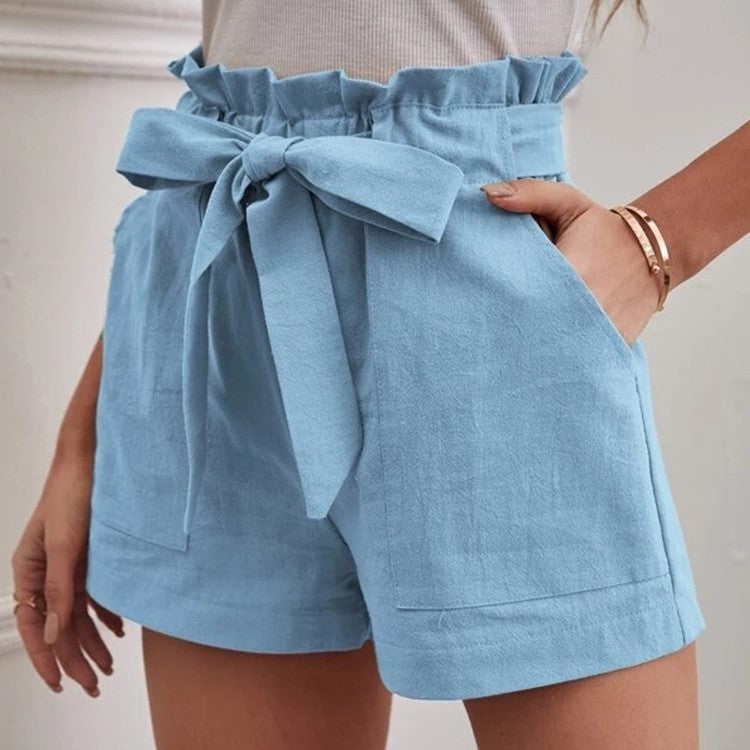 Women Casual Solid Color High Waist Bowknot Lace-Up Loose Shorts