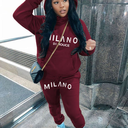 Athleisure Winter Women Loose Casual Letter Printing Long-Sleeved Hooded Sweatshirt Pants Two-Piece Set