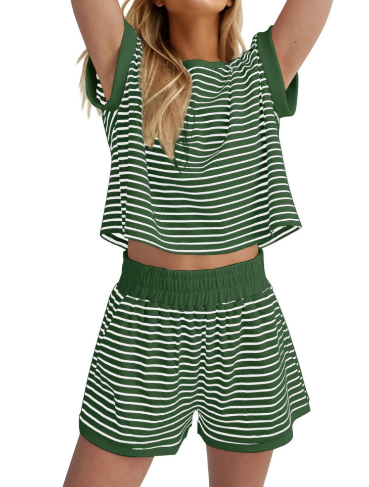 Conjunto de dos piezas de camiseta de manga corta con rayas de contraste de color para mujer