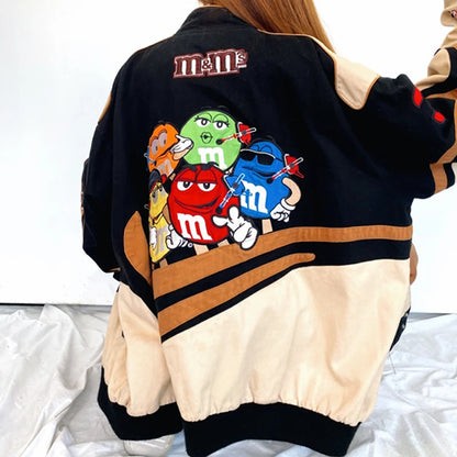 Chaqueta de béisbol holgada de manga larga con estampado de bloques de colores informal a la moda para mujer