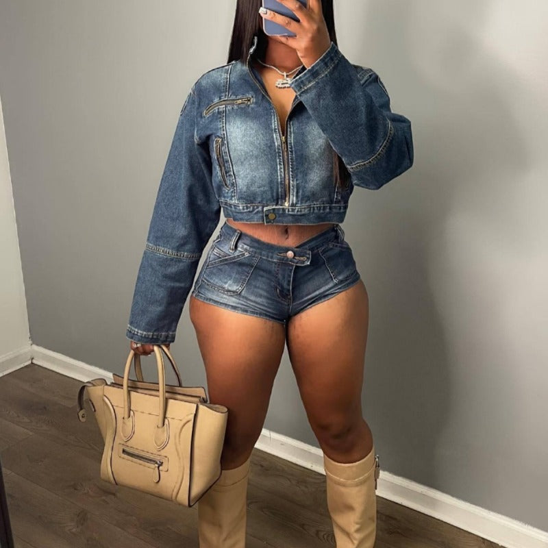 Conjunto de dos piezas de top y pantalones cortos vaqueros con cremallera para mujer