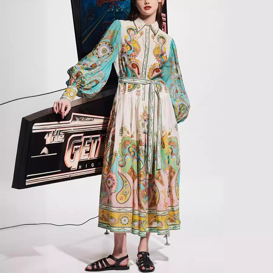 Summer Women Casual Graphic Printed Lapel Bubble Sleeve Lace-Up Dress