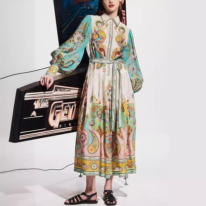 Summer Women Casual Graphic Printed Lapel Bubble Sleeve Lace-Up Dress