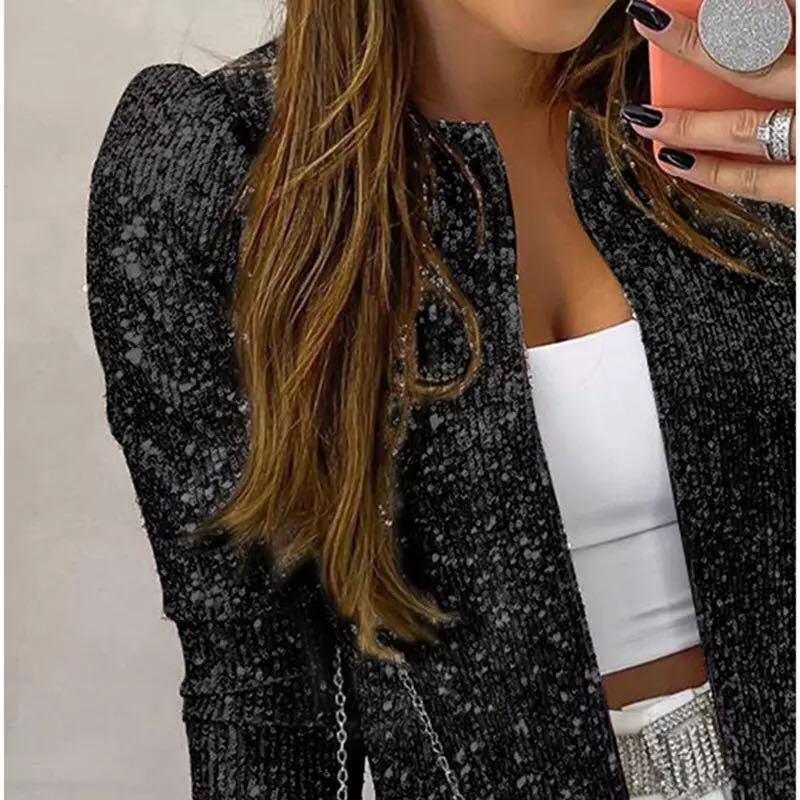 Chaqueta informal elegante de manga larga con lentejuelas de color liso a la moda para mujer
