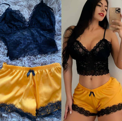 Pijama de satén con encaje informal y cómodo para mujer