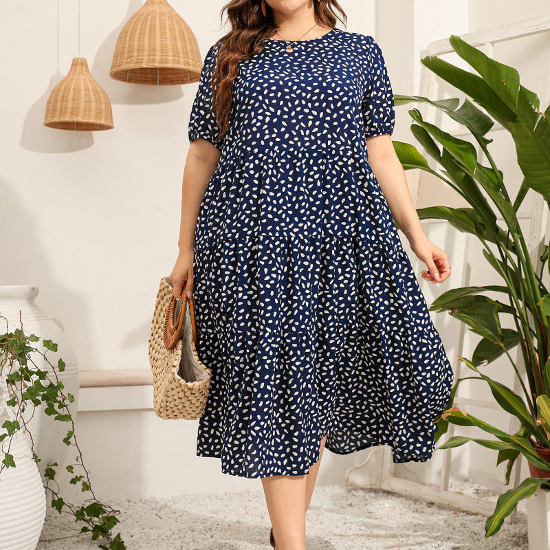 Women Fashion Casual Dot Print Round Neck Loose Plus Size Dress