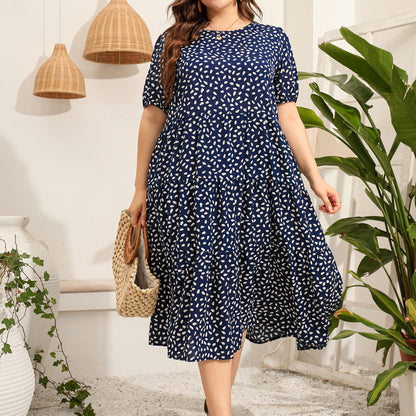 Women Fashion Casual Dot Print Round Neck Loose Plus Size Dress