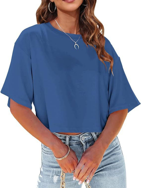 Camiseta básica informal de media manga con estampado de color liso para mujer