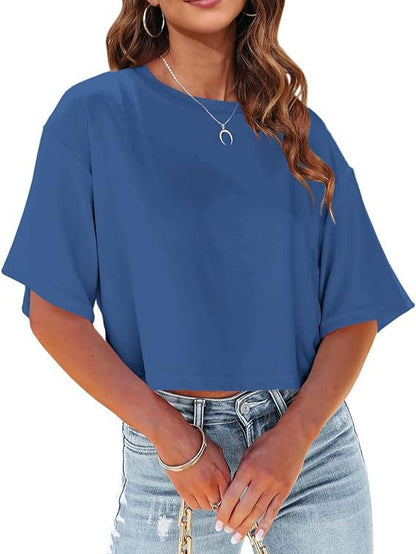 Camiseta básica informal de media manga con estampado de color liso para mujer