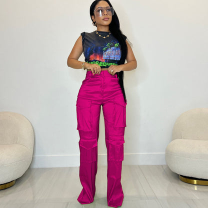 Women Fashion Casual Solid Color Multi-Pocket Cargo Pants