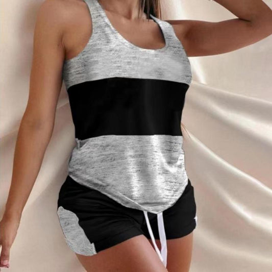 Summer Women Casual Color Blocking Sleeveless Tank Top And Shorts Set