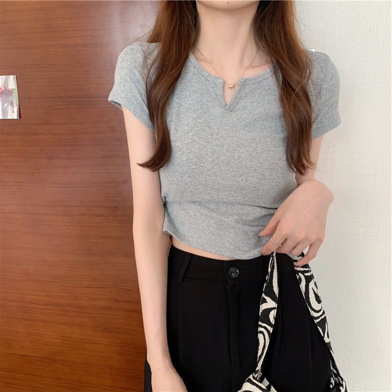 Women Casual Solid Color Short Sleeve Cropped Top Tee