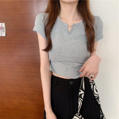 Women Casual Solid Color Short Sleeve Cropped Top Tee