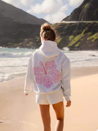 Sudadera con capucha holgada informal con estampado floral para mujer de talla grande