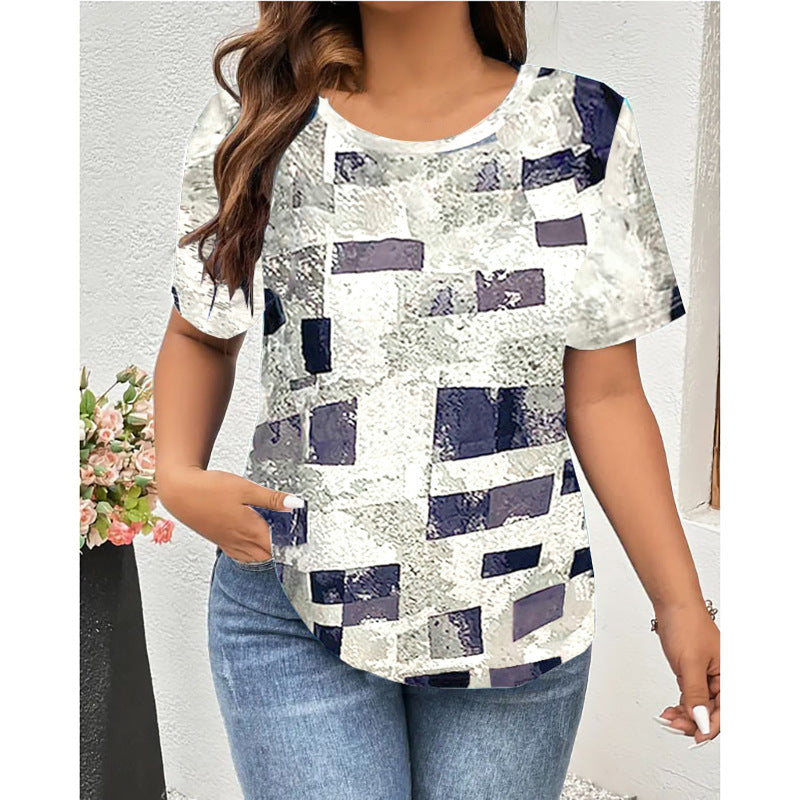 Camiseta informal de manga corta con cuello redondo y estampado cuadrado de talla grande para mujer
