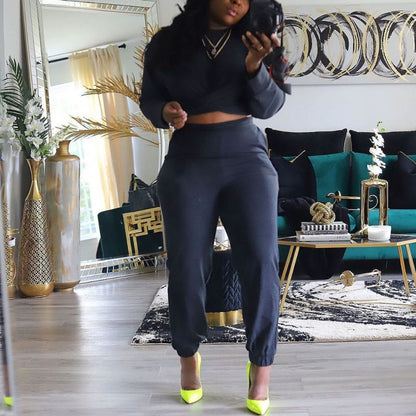 Conjunto de dos piezas de top y pantalones de manga larga cruzados de talla grande para mujer