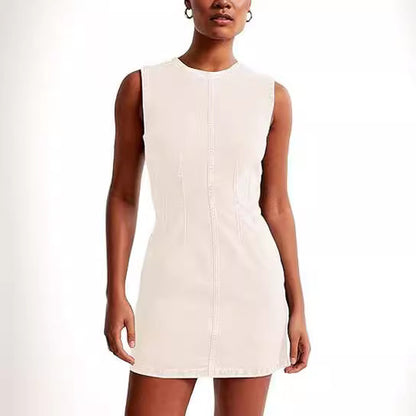 Vestido vaquero informal sencillo de color liso con cuello redondo, sin mangas y corte ajustado para mujer