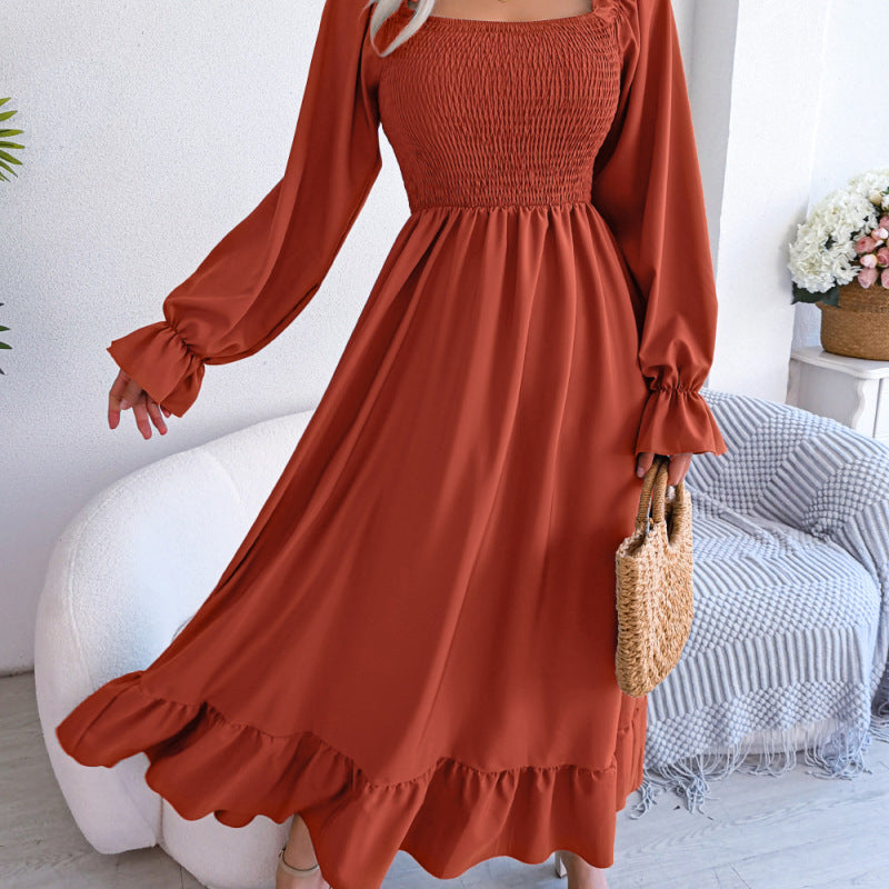 Women Fashion Casual Square Collar Large Ruffled Maxi Dress