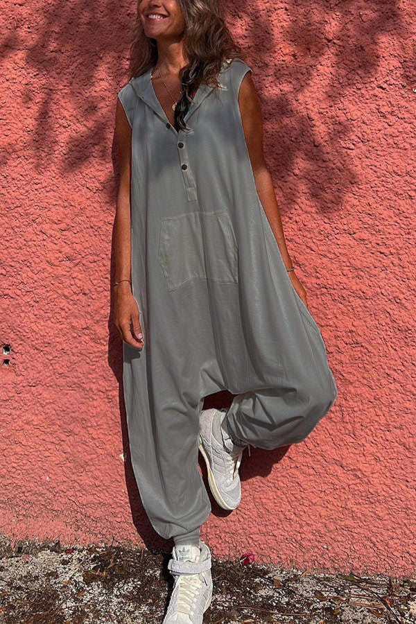 Women'S Fashion Solid Color Casual Hooded Single-Breasted Loose Jumpsuits