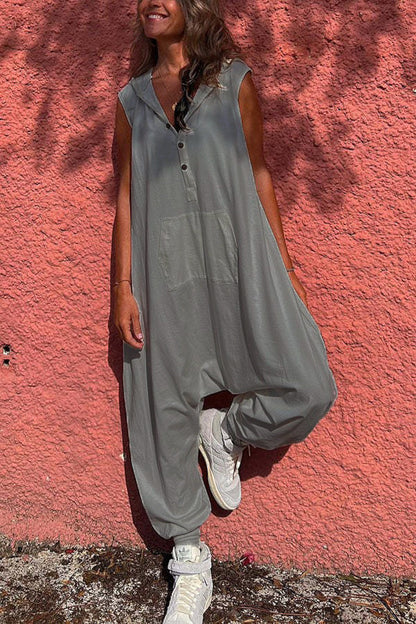 Women'S Fashion Solid Color Casual Hooded Single-Breasted Loose Jumpsuits