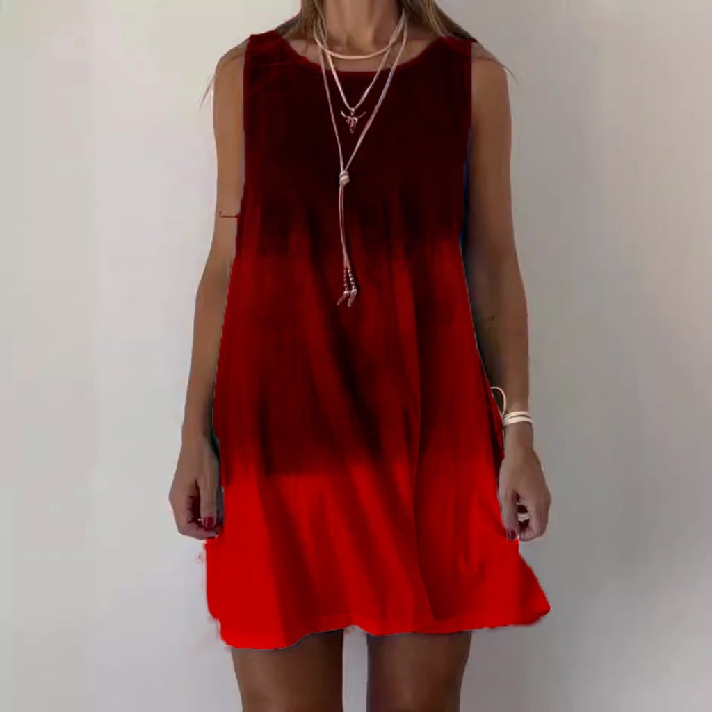 Women Casual Round Neck Gradient Print Loose Dress