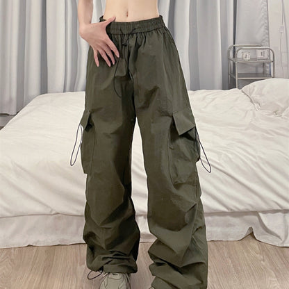 Retro Casual Women Straight Loose Wide-Leg Solid Color Side Pocket Cargo Pants