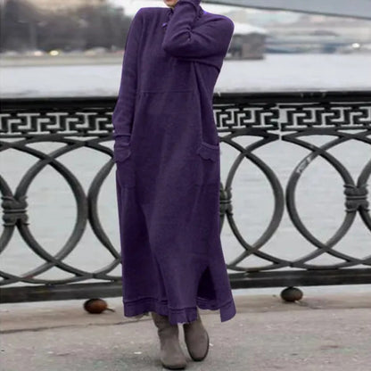 Vestido largo informal de otoño e invierno, holgado, de talla grande, de punto, con encaje, manga larga, bolsillos, color liso