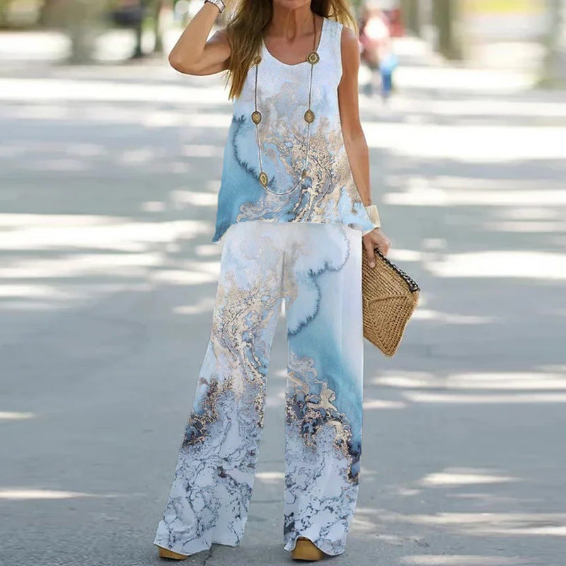 Conjunto de dos piezas de blusa sin mangas con estampado floral informal de verano para mujer, pantalones de cintura alta