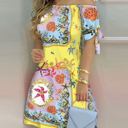 Women Casual Off-The-Shoulder Short Sleeves Color Blocking Dress