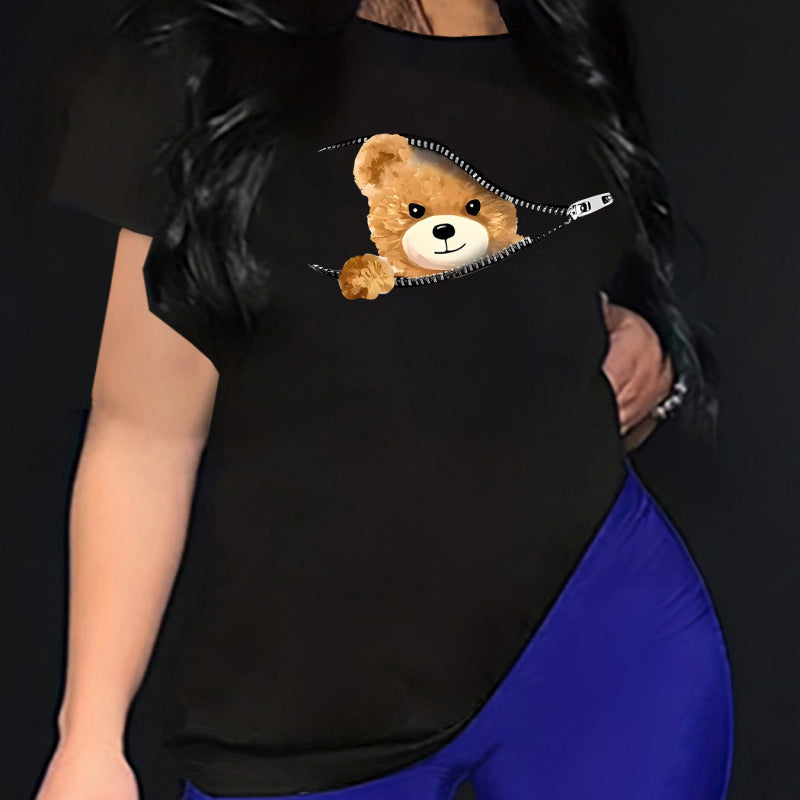 Camiseta informal de manga corta con cuello redondo y estampado de oso de dibujos animados para mujer, talla grande