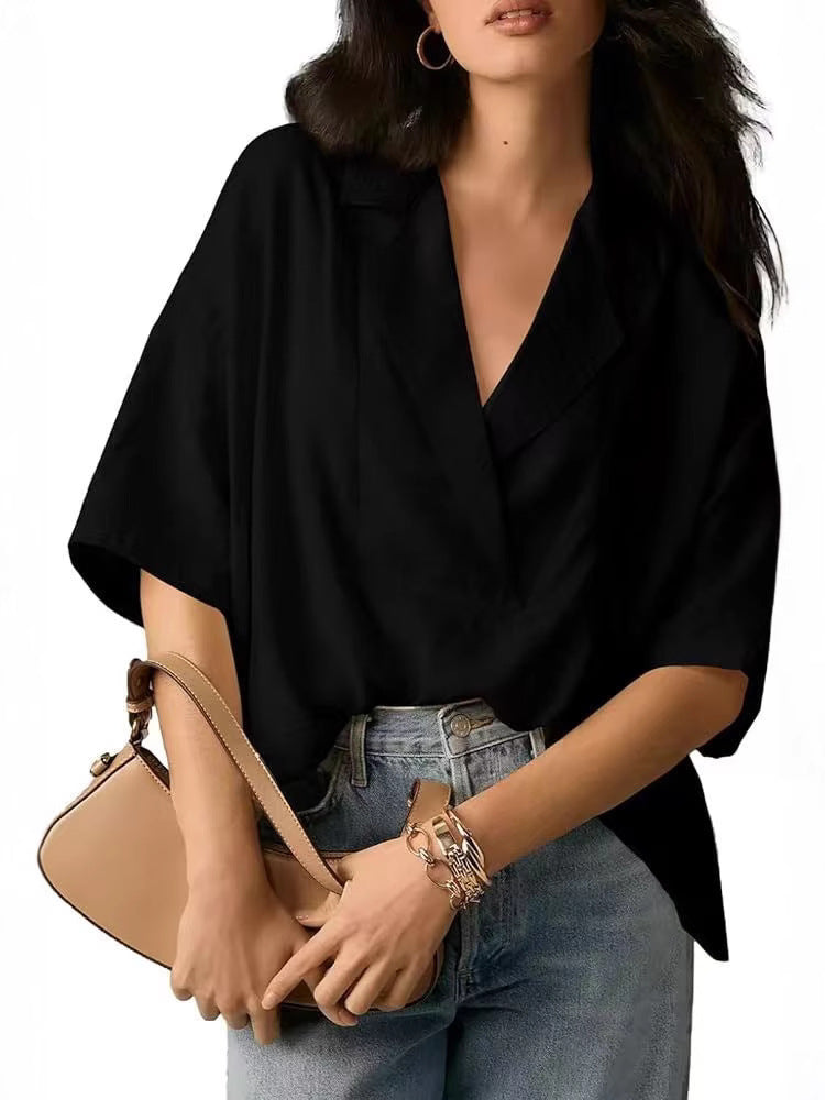 Women Fashion Casual Solid Color Lapel Short-Sleeve Loose Crop Top