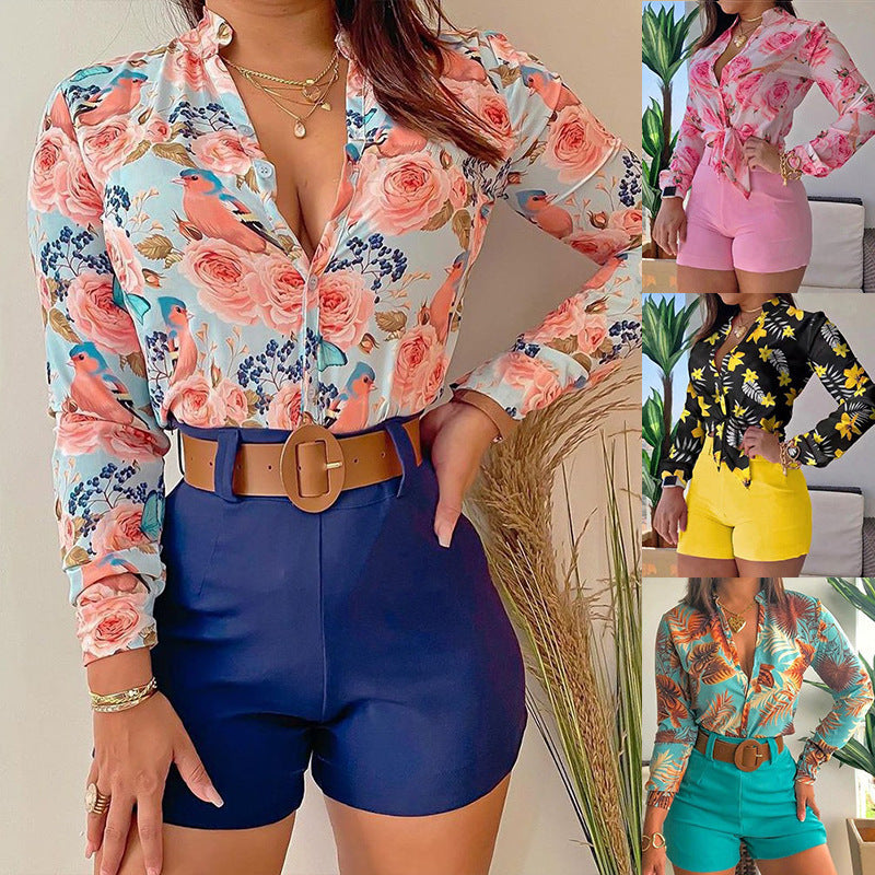 Conjunto de dos piezas de camiseta y pantalones cortos con cuello alto, estampados y manga larga para mujer